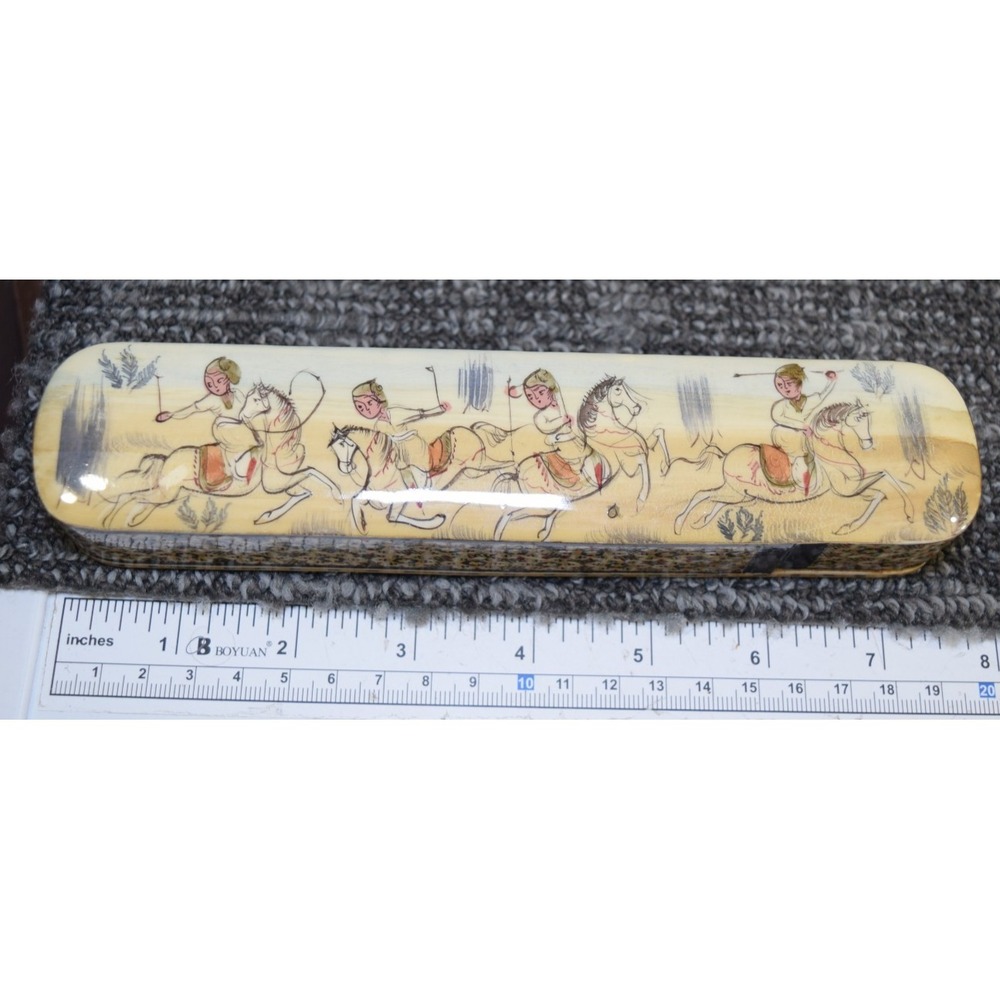 Vintage Wood Persian Hand Painted & Inlay PENCIL BOX 8" Polo Players & Horses